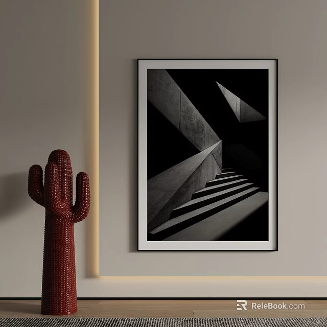 Black White Geometric Architecture Staircase Wall Art With Red Cactus 3d model