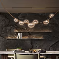 Modern Restaurant Interior With Dining Table Leather Chairs Pendant Lights And Stone Accent Wall 3d model