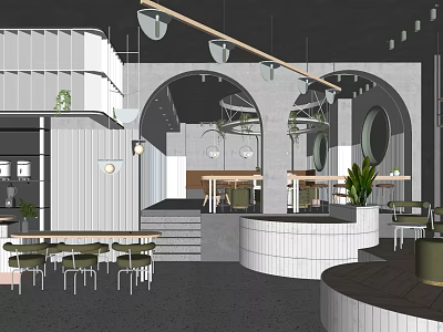 Modern Cafe Interior Design With Arched Structures Hanging Lights And Green Plants 3d model