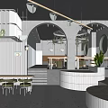 Modern Cafe Interior Design With Arched Structures Hanging Lights And Green Plants 3d model