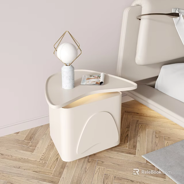 Modern White Bedside Table With Geometric Lamp Magazine And Ambient Light 3d model 