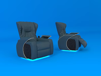 Two Modern Gray Recliner Chairs With Illuminated Base On Blue Background 3d model