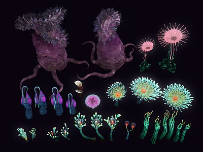 Vibrant Diverse Bioluminescent Deep Sea Organisms With Tentacles And Flower Shapes 3d model