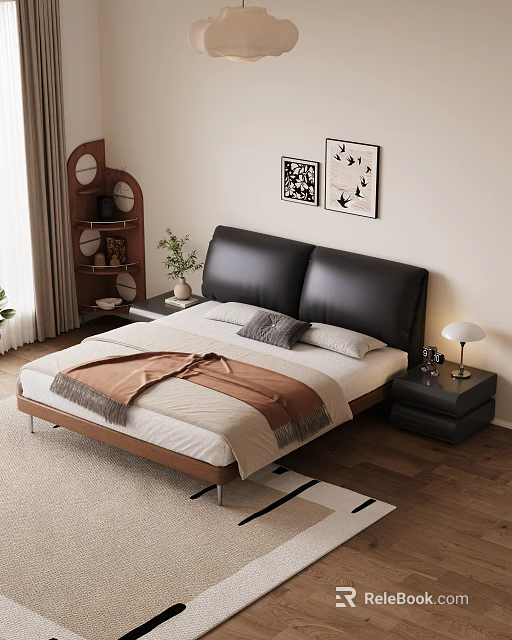 Modern Bedroom Interior With Black Leather Headboard White Beige Linens Wooden Nightstand And Decorative Paintings 3d model 