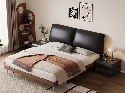 Modern Bedroom Interior With Black Leather Headboard White Beige Linens Wooden Nightstand And Decorative Paintings 3d model