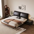 Modern Bedroom Interior With Black Leather Headboard White Beige Linens Wooden Nightstand And Decorative Paintings