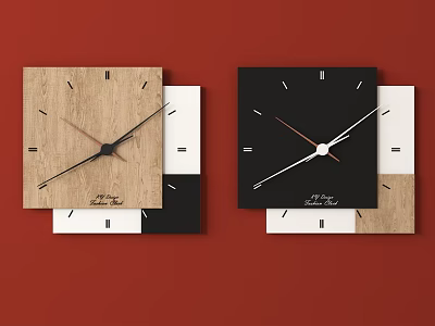 Modern Wooden And Black Wall Clocks Against Red Background With Decorative Square Accents 3d model
