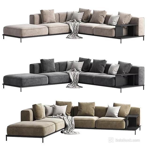 Modern Sectional Sofa With Multiple Soft Pillows And Cozy Throw Blanket In Neutral Tones 3d model