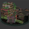 Cartoon Scene Of Chinese Traditional Town With Wooden Houses Tile Roofs Small Bridge And Greenery