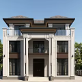 Two Story Detached Villa With White Exterior Dark Roof Decorative Columns And Balconies