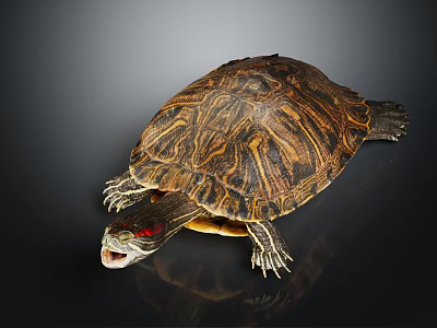 Turtle with patterned shell and red eyes open mouth on black background with reflection 3d model