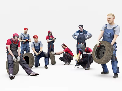 Group of Auto Mechanics Working Together On Tire Repair With Work Uniforms And Tools 3d model
