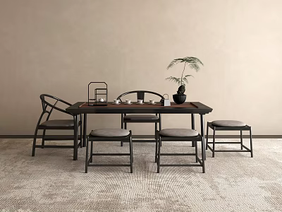 Modern Chinese Tea Table and Chairs with Tea Sets Potted Plant in Minimalist Room 3d model