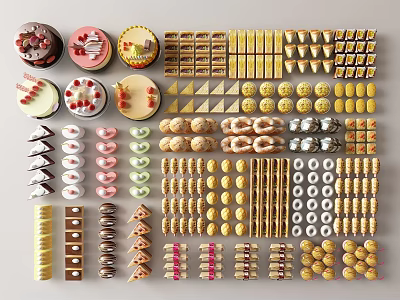 Assorted Delicious Desserts With Cakes Cookies Donuts And Chocolates Neatly Arranged 3d model