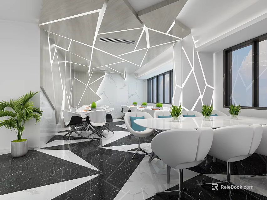 Modern Restaurant Interior With Geometric Ceiling White Chairs And Green Plants 3d model 