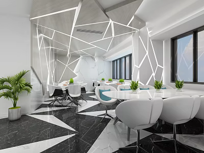 Modern Restaurant Interior With Geometric Ceiling White Chairs And Green Plants 3d model
