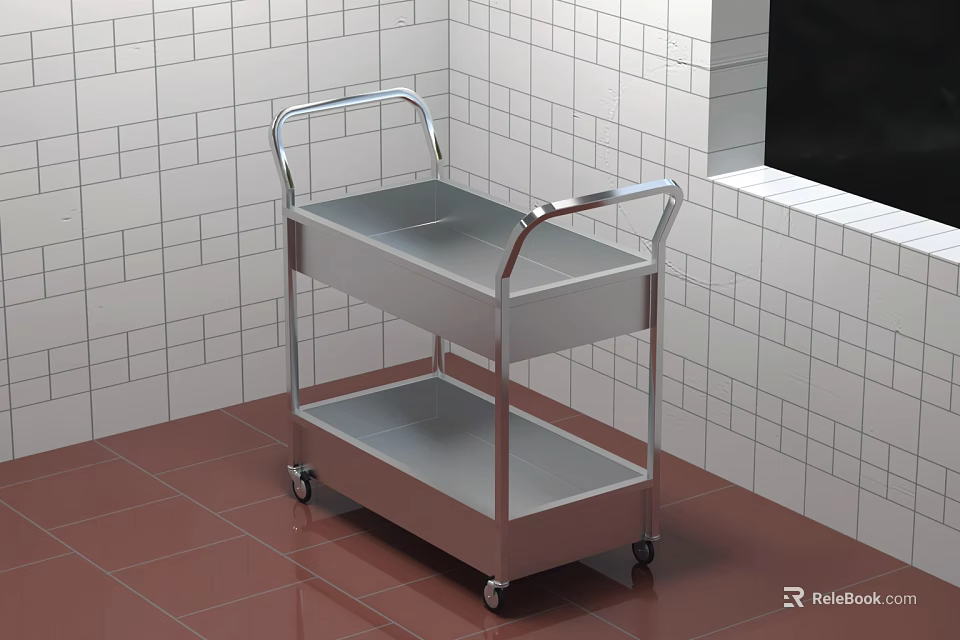 Hotel Lobby Interior With Stainless Steel Cart White Tiled Wall And Red Floor Tiles 3d model 
