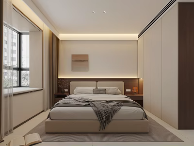 Modern Bedroom Interior With Bed Nightstands Table Lamps Wall Art Window Curtains And Rug 3d model