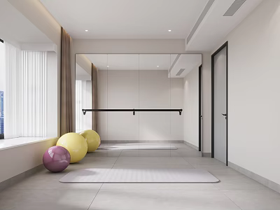 Modern Indoor Fitness Area With Yoga Mat Exercise Balls And Large Mirror 3d model