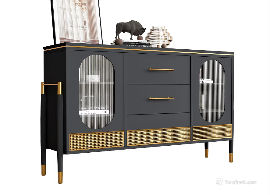 Stylish Black Entryway Sideboard with Glass Doors Golden Accents and Decorative Top Items 3d model 