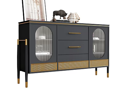 Stylish Black Entryway Sideboard with Glass Doors Golden Accents and Decorative Top Items 3d model