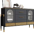 Stylish Black Entryway Sideboard with Glass Doors Golden Accents and Decorative Top Items