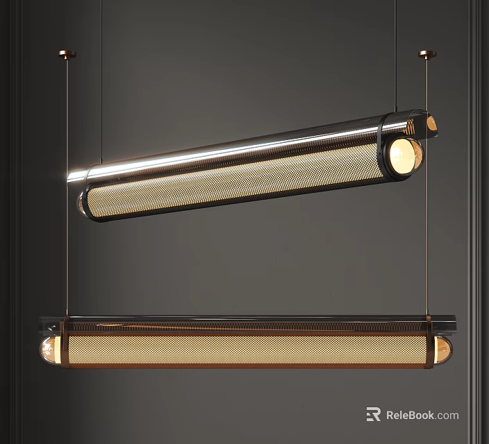 Modern Pendant Lights With Long Strip Design Metal Frame Woven Mesh Shade And Gold Accents 3d model 