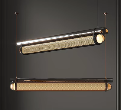 Modern Pendant Lights With Long Strip Design Metal Frame Woven Mesh Shade And Gold Accents 3d model