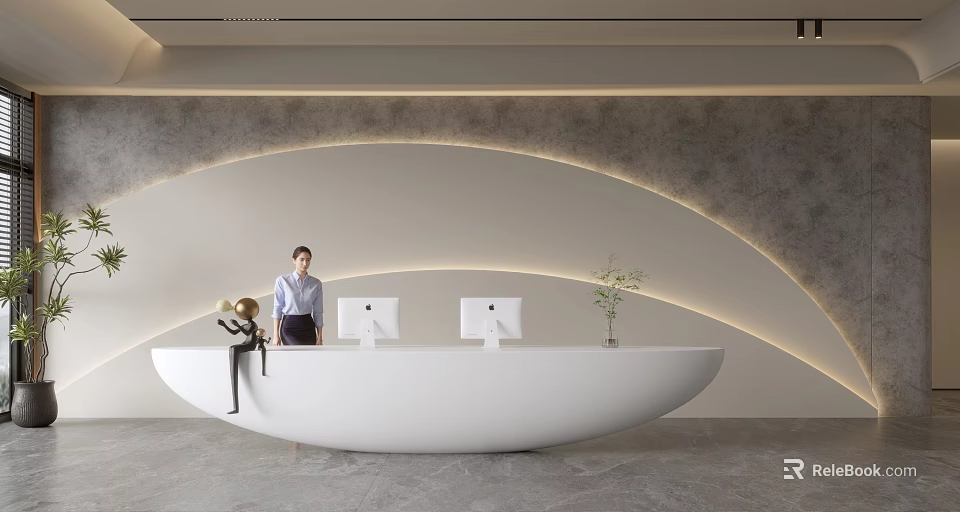 Modern Front Desk Reception Area With White Curved Desk Computers Green Plant And Staff Member 3d model 