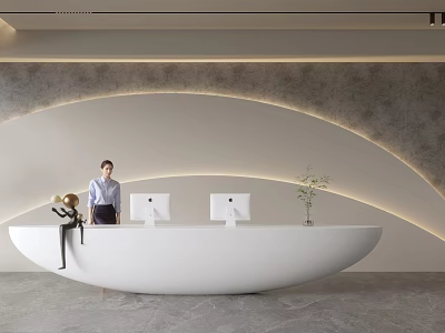 Modern Front Desk Reception Area With White Curved Desk Computers Green Plant And Staff Member 3d model
