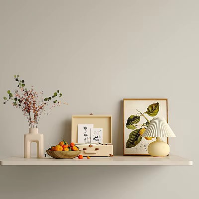 White Nightstand With Vase Flowers Fruit Open Box Framed Art And Cream Lamp 3d model