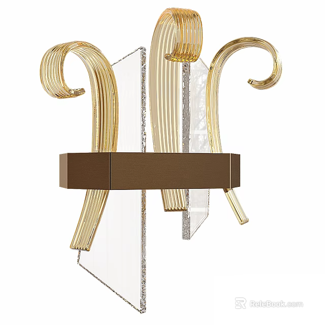 Artistic Modern Wall Lamp With Gold Curved Accents Transparent Glass And Brown Base 3d model 