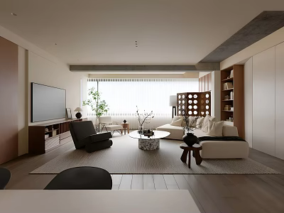 Modern Living Room Interior With Sofa TV Stand Coffee Table Area Rug And Potted Plants 3d model