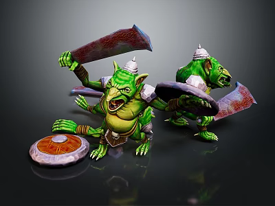 Green Creatures Wearing White Pointed Hats Wielding Large Blades And Shields In Battle Pose 3d model