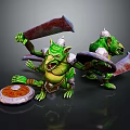 Green Creatures Wearing White Pointed Hats Wielding Large Blades And Shields In Battle Pose