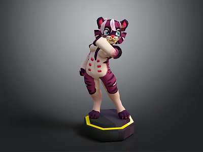 Tiger Like Game Character 3D Model With Purple Pink Accents Standing On Pedestal Base 3d model