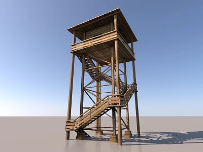 Wooden Tower Structure With Stairs Two Levels And Open Upper Platform 3d model