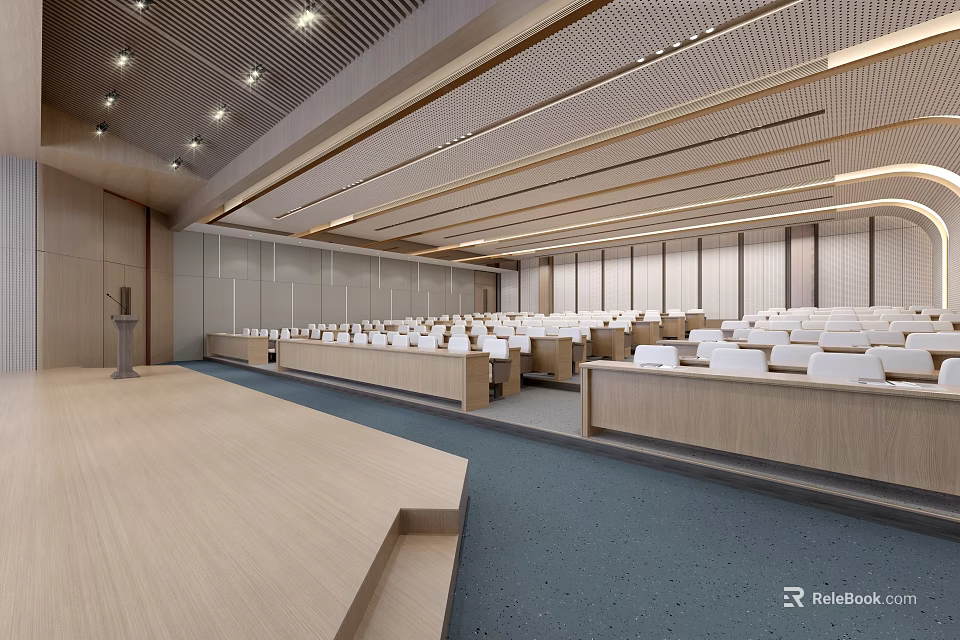 Modern Conference Hall Interior With White Seats Wooden Podium And Ceiling Lights 3d model 