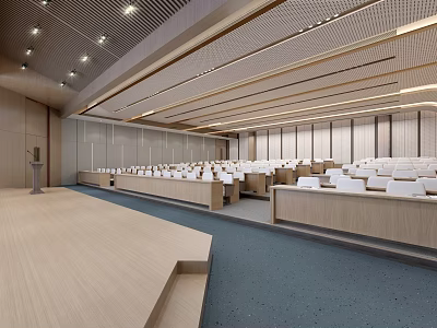 Modern Conference Hall Interior With White Seats Wooden Podium And Ceiling Lights 3d model