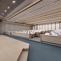 Modern Conference Hall Interior With White Seats Wooden Podium And Ceiling Lights