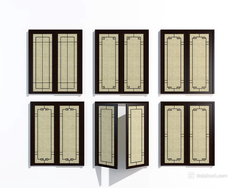 Modern Casement Windows With Dark Frame Decorative Grid And Open Closed Positions 3d model
