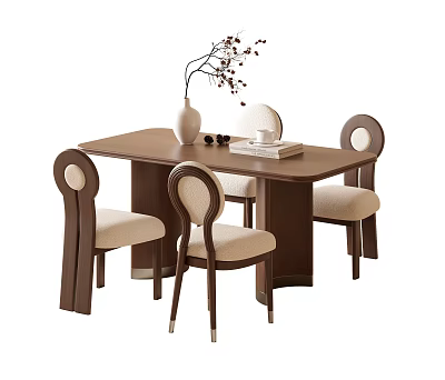 Modern Wooden Dining Table With Upholstered Chairs Decorative Vase And Books 3d model
