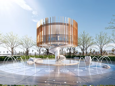 Modern Landscape Pavilion With Circular Wooden Structure Surrounded by Fountains and Green Trees 3d model