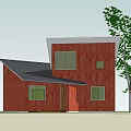 Single Family Home With Red Wooden Exterior Black Roof Near Large Tree And Green Lawn