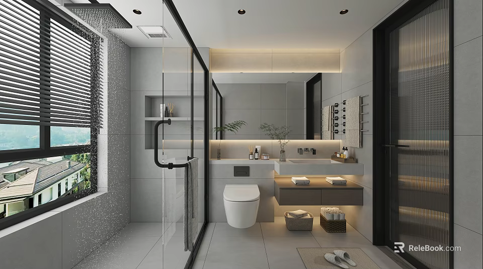 Modern Bathroom Interior With Glass Shower Double Vanity Sinks Stone Countertops And Potted Plants 3d model 