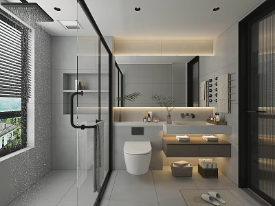 Modern Bathroom Interior With Glass Shower Double Vanity Sinks Stone Countertops And Potted Plants 3d model