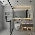 Modern Bathroom Interior With Glass Shower Double Vanity Sinks Stone Countertops And Potted Plants