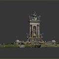 Ornate European Architecture Fountain with Sculptures Steps and Green Water Pool