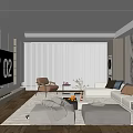 Modern Minimalist Living Room With Large Screen TV White Blinds And Beige Sofa