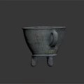 Hand Carved Gray Three Legged Vessel Sculpture With Handle And Classic Design